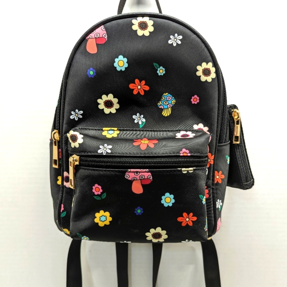 Mini Backpack - Festival Rave Bag Black with Flowers & Mushrooms by Like Dreams